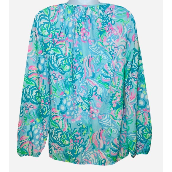 Lilly Pulitzer Blouse Womens Small Long Sleeve V-Neck Colorful Print Drawstrings - Picture 2 of 10